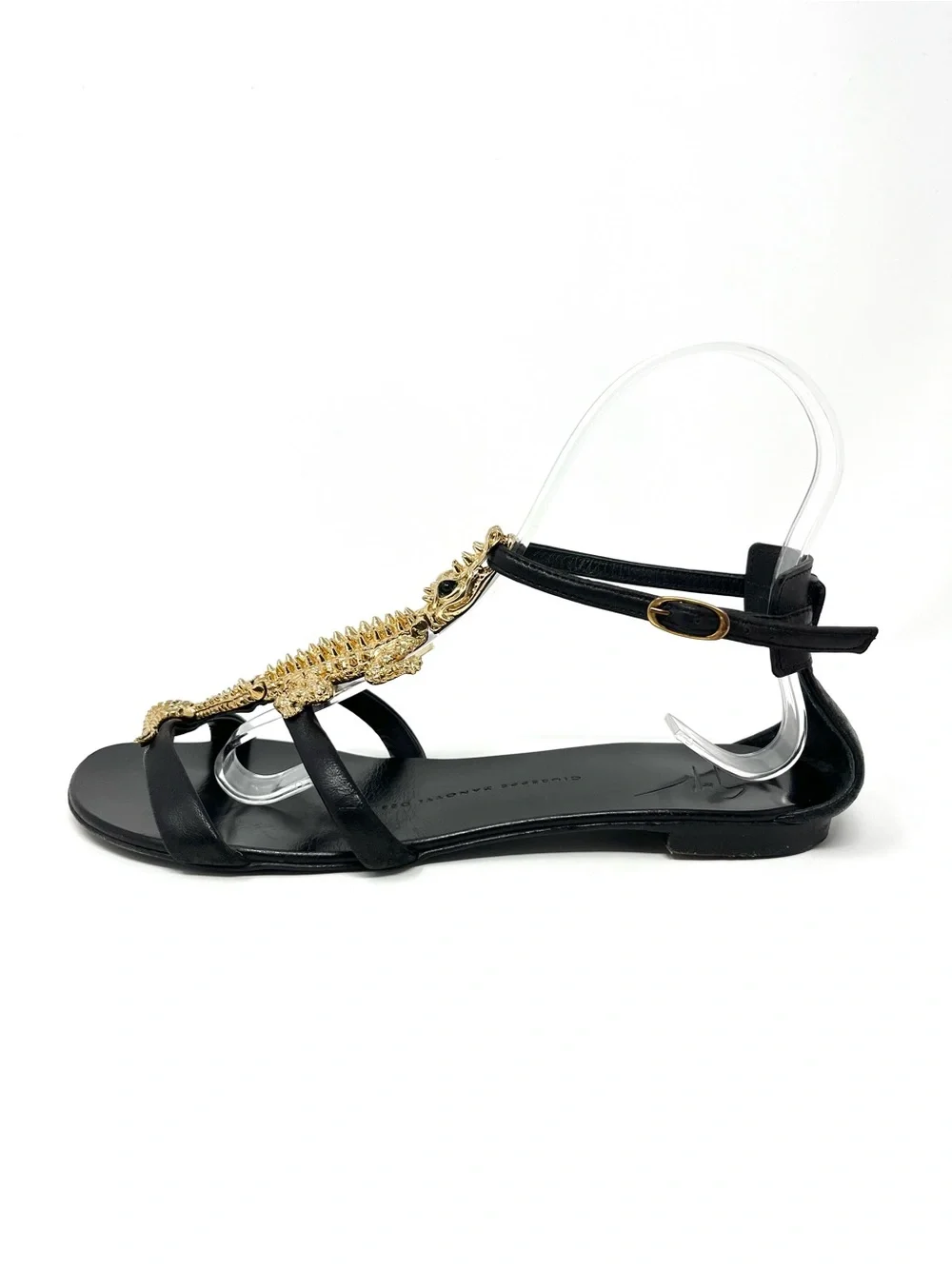 Giuseppe Zanotti Black Leather Gold Alligator Embellished Flat Sandals Flats 36
